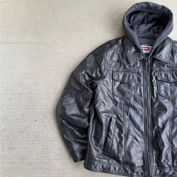 Levi’s Strauss & Co Faux Leather Hoodie Lined Trucker Bomber Jacket Black Size L - Picture 3 of 16